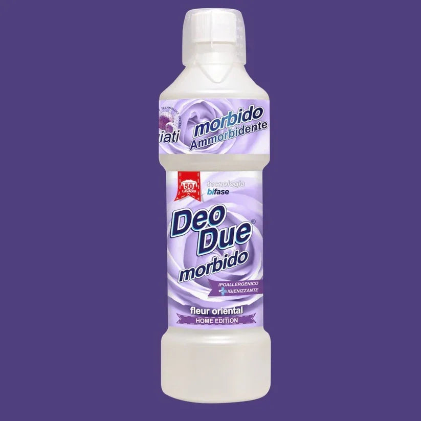 Balsam de rufe Deo Due Fleur Oriental 1L, sticlă albă, accente mov, etichetă florală.