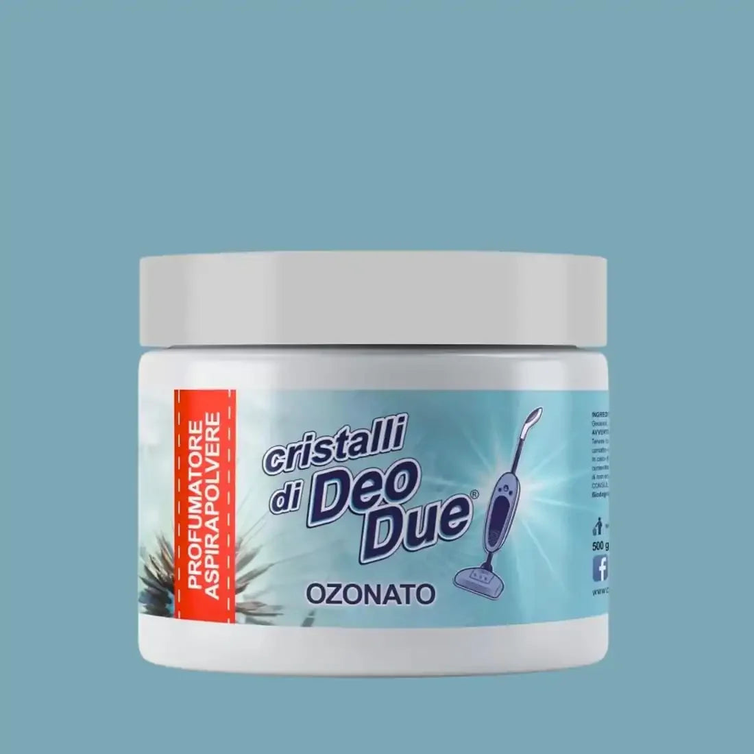 Cristale parfumate Deo Due Ozonato 500g, recipient alb, etichetă albastră.