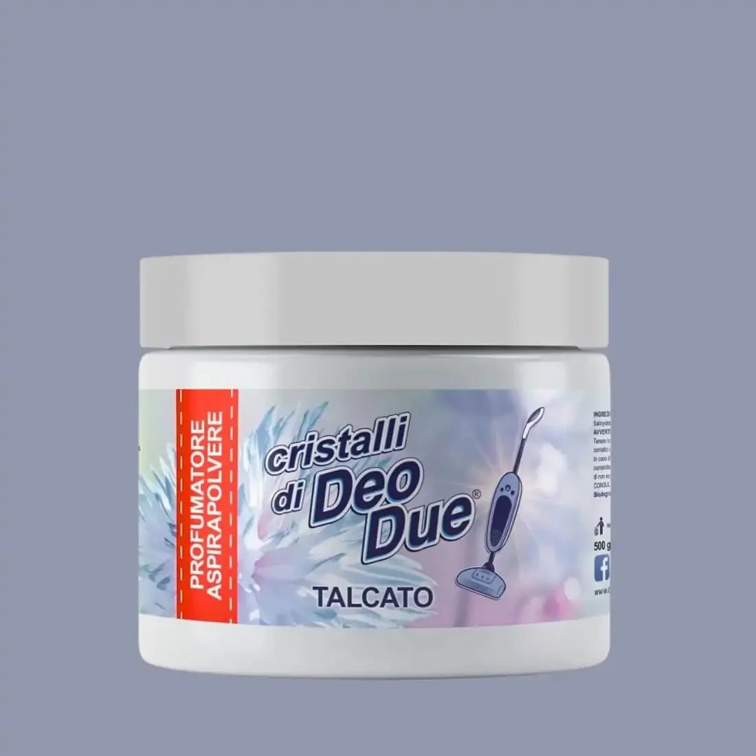 Cristale parfumate pentru aspirator Deo Due Talcato 500g, ambalaj alb cu etichetă albastră și roșie.