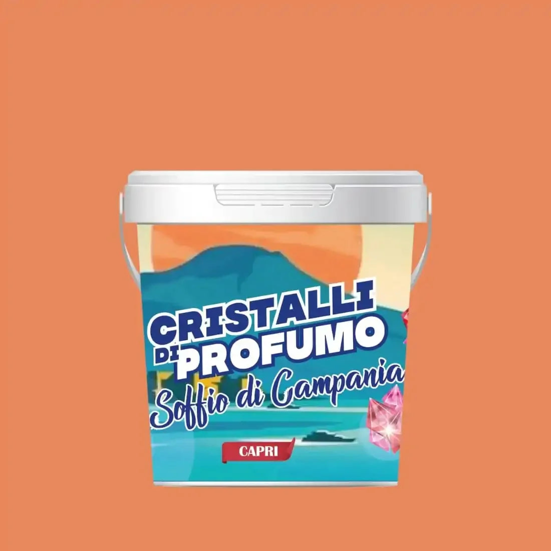 Cristale parfumate Soffio di Campania în recipient colorat, elemente albastru și portocaliu.