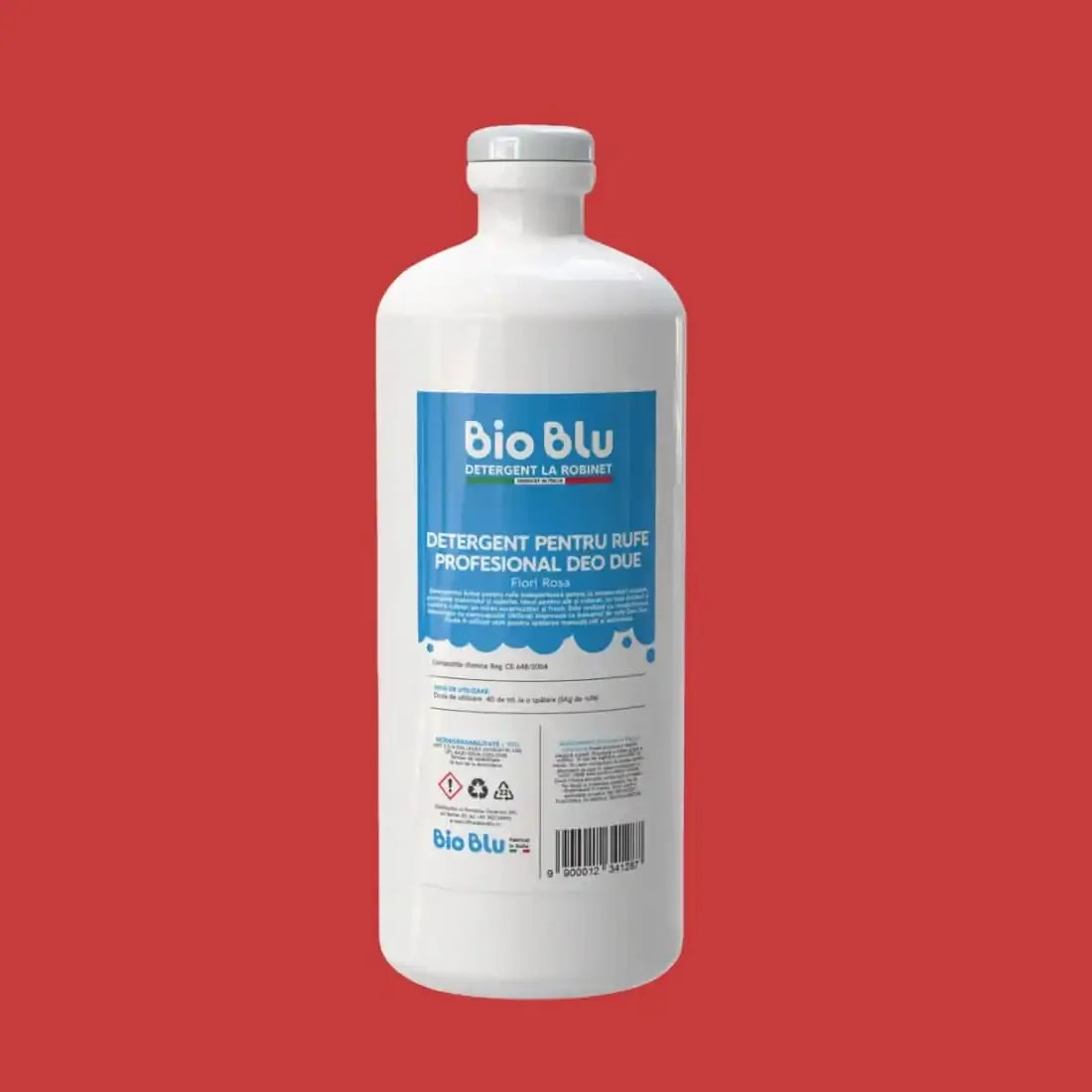 Sticlă albă cu etichetă albastră, text Detergent pentru rufe profesional, capac alb.