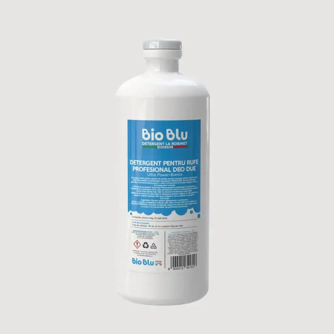 Detaliu etichetă albastră Detergent rufe profesional Deo Due, flacon alb 1 kg.