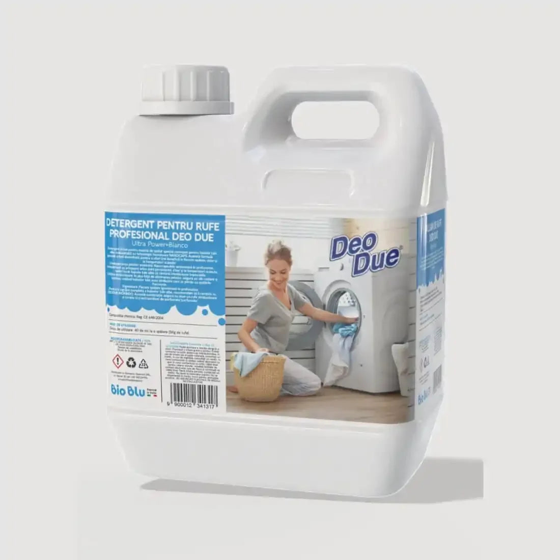 Recipient alb Detergent NanoCaps Bianco cu etichetă albastră, capacitate 1kg, imagine detaliu etichetă.