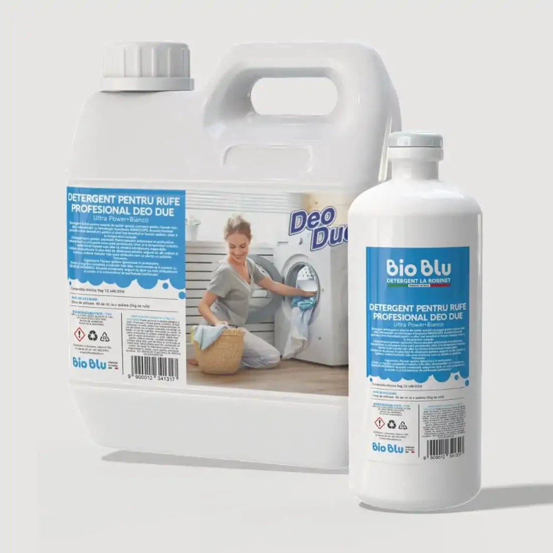 Detergent lichid Bio Blu alb, etichetă albastră, ambalaj plastic cu capac, 1kg și 3kg.