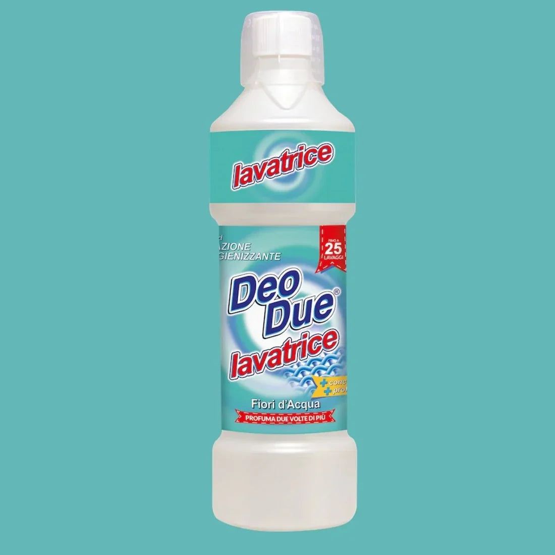 Detergent rufe Deo Due Fiori D'acqua 1L, sticlă albă cu etichetă albastră și roșie.