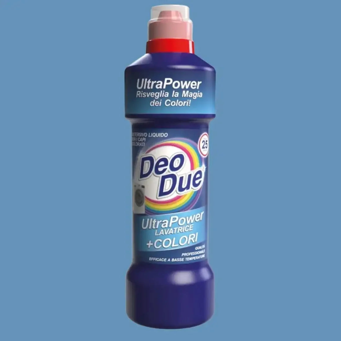 Detergent rufe Deo Due Ultra Power+ Colori 1L, sticlă albastră cu capac roșu.