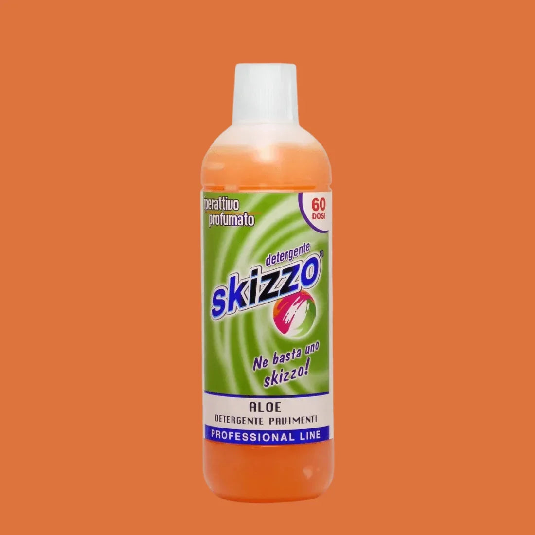 Detergent Skizzo Aloe 1L, îmbuteliat în sticlă portocalie cu etichetă verde și albă.