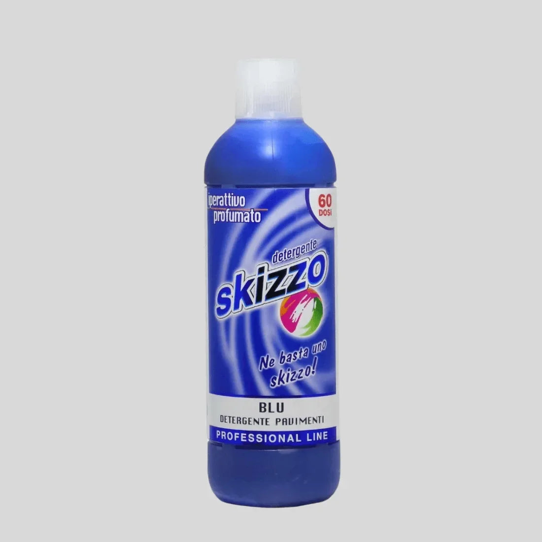 Sticlă albastră de detergent Skizzo Blu 1L pentru pardoseli, etichetă colorată.