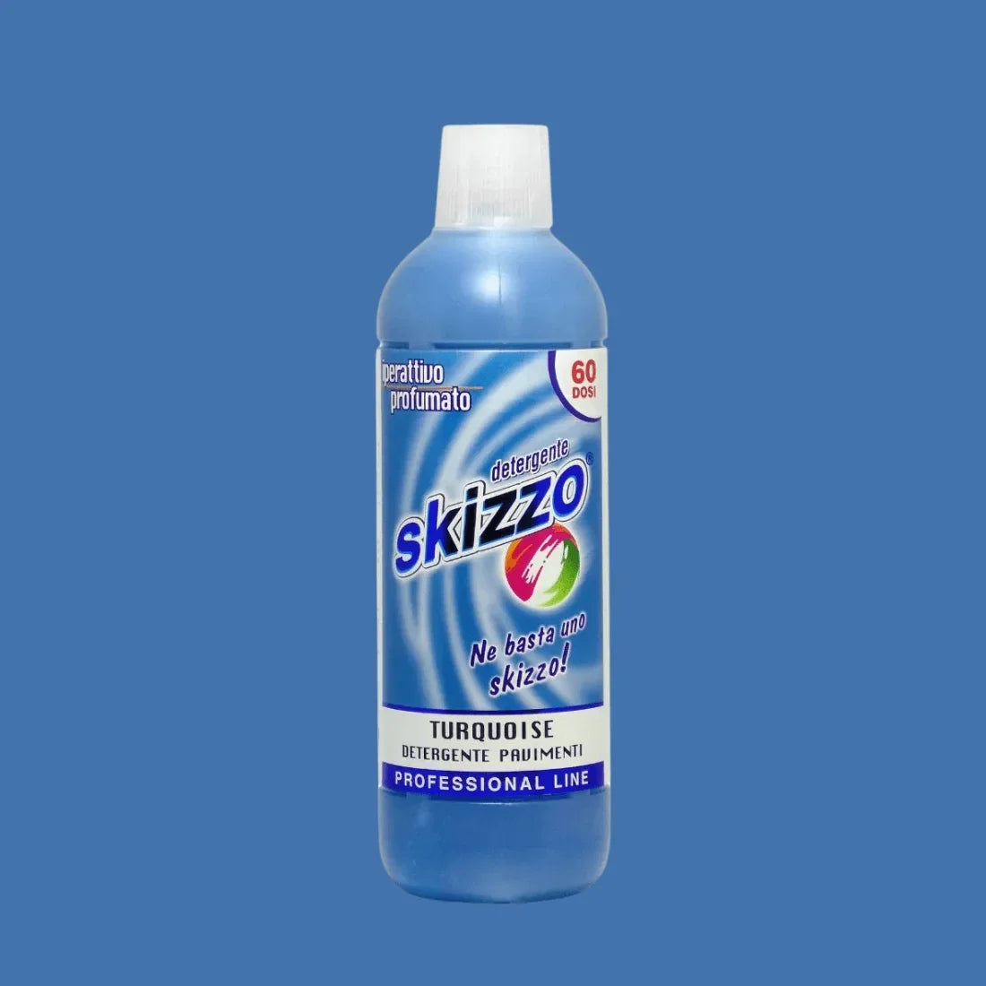 Detergent Skizzo Turquoise 1L, sticlă albastră cu capac alb și etichetă colorată.