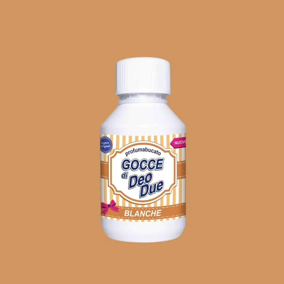 Esență concentrată rufe GOCCE Di Deo Due Blanche 150ml flacon alb, etichetă maro cu dungi.