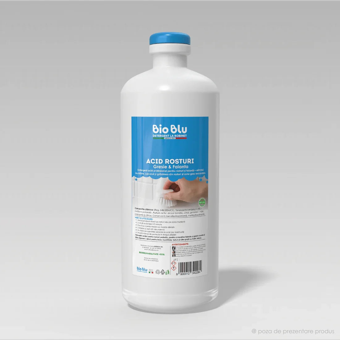 Sticlă albă cu etichetă albastră Acid Rosturi Gresie și Faianță, capac albastru.