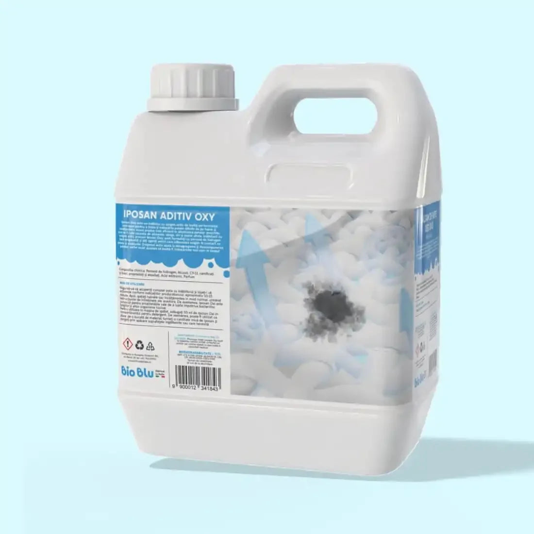 Bidon alb cu etichetă albastră IPOSAN OXY, recipient 1kg, detalii textură granule albe pe fundal.