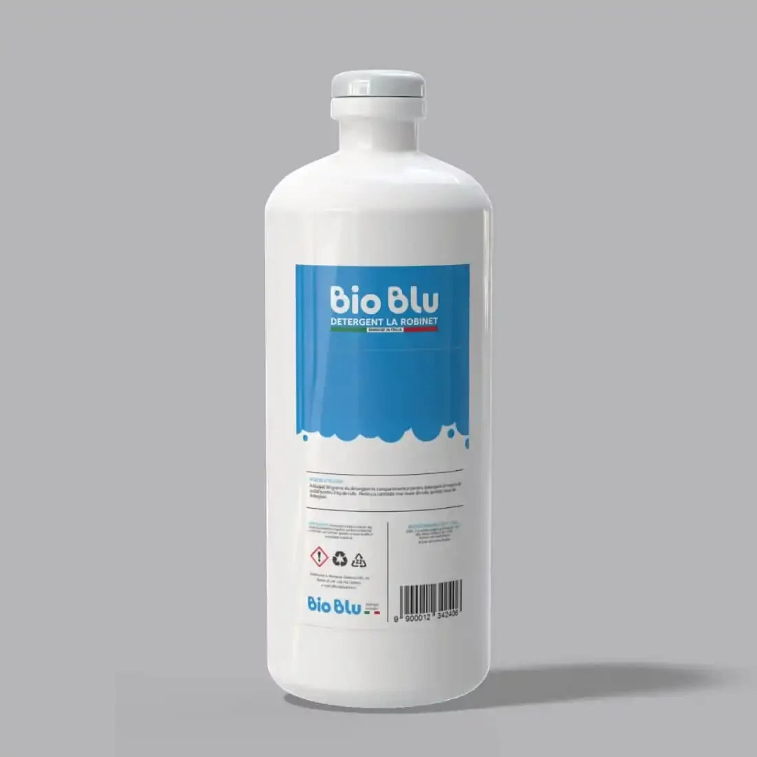 Sticlă albă Anticalcar Bio Blu, etichetă albastră, volum 1kg, detalii textură plastic.