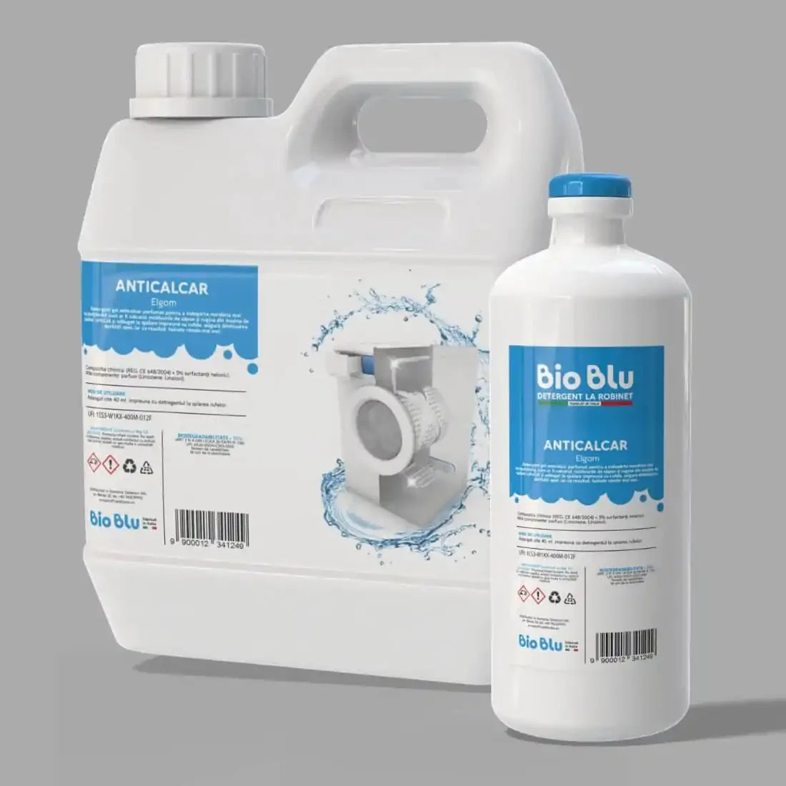 Detergent anticalcar ELGOM Bio Blu, sticlă și bidon alb, capacitate 1kg și 3kg, etichetă albastră.