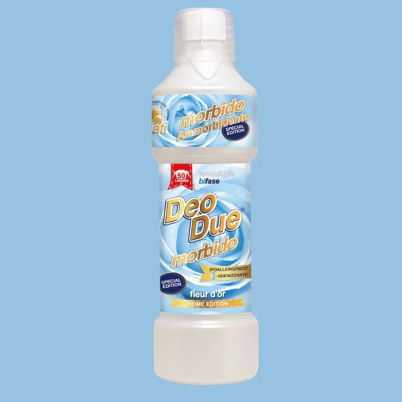 Balsam de rufe Deo Due Fleur D'or 1L, sticlă albă cu etichetă albastră și auriu, capac albit translucid.