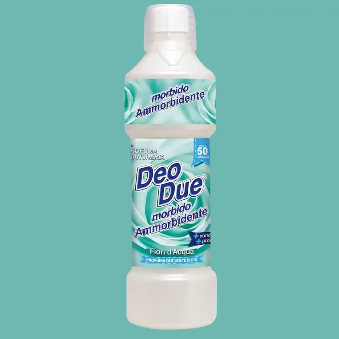 Balsam de rufe Deo Due Fiori D'acqua 1L, sticlă alb-turcoaz, capac alb.