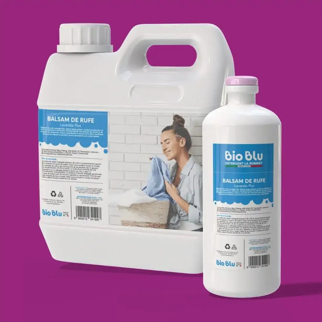 Balsam de rufe LAVANDA PLUS, sticlă și recipient alb, etichete albastre.