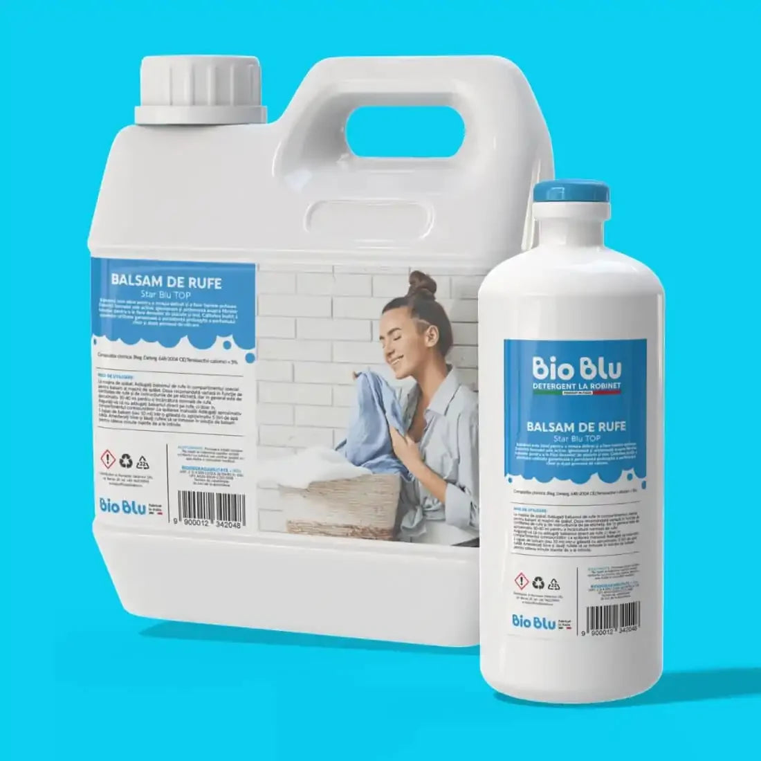 Balsam de rufe STAR BLU TOP, sticlă albă, etichetă albastră, compoziție lichidă, fundal albastru.