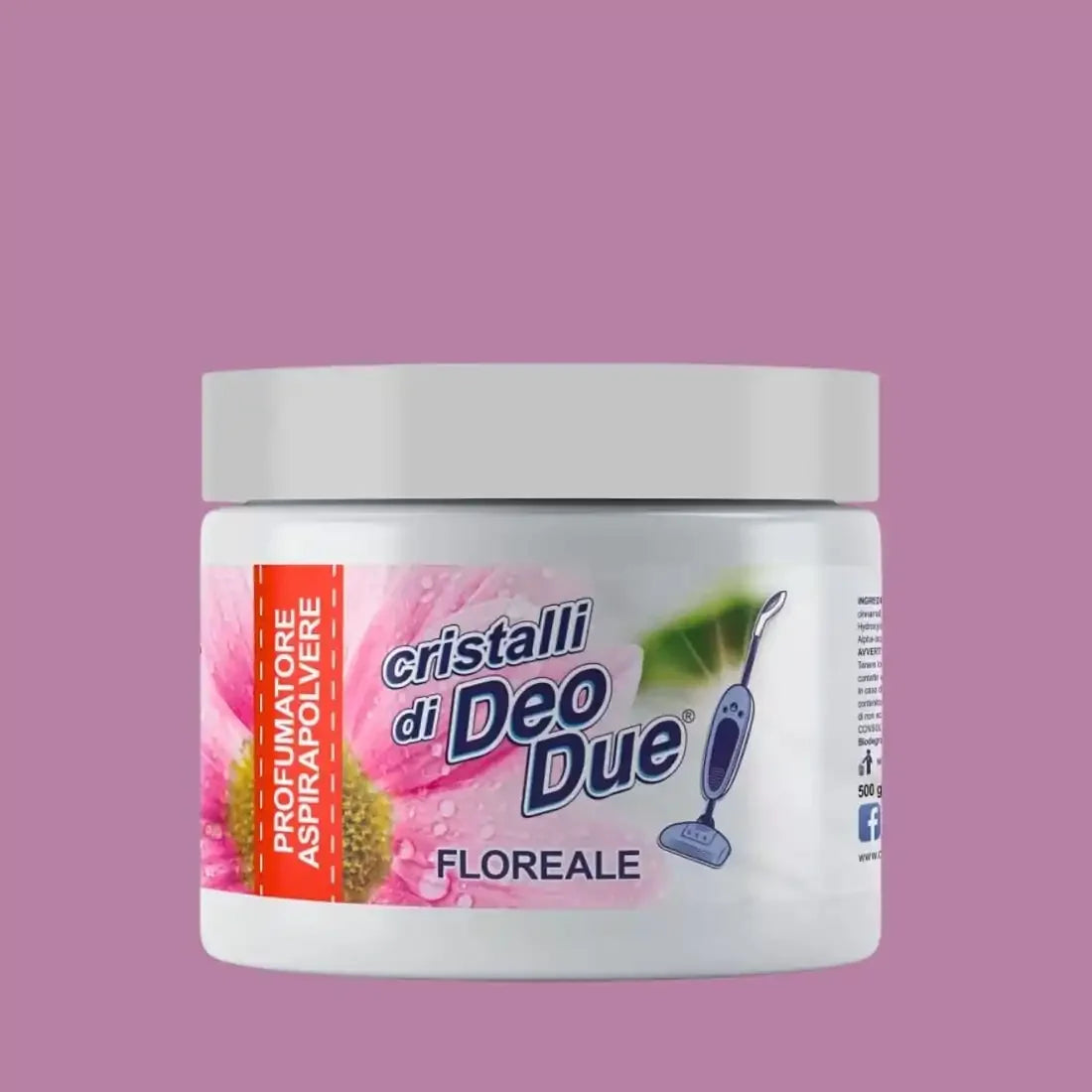 Cristale parfumate aspirator Deo Due Floreale 500g, ambalaj alb cu design floral.