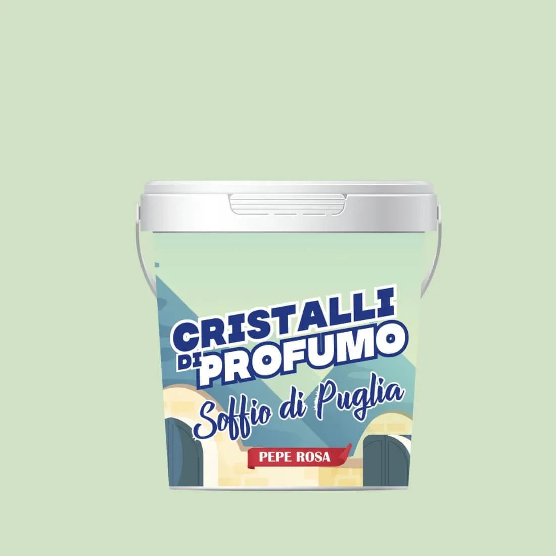 Cristale parfumate Soffio di Puglia 1kg, ambalaj pastel, text albastru.