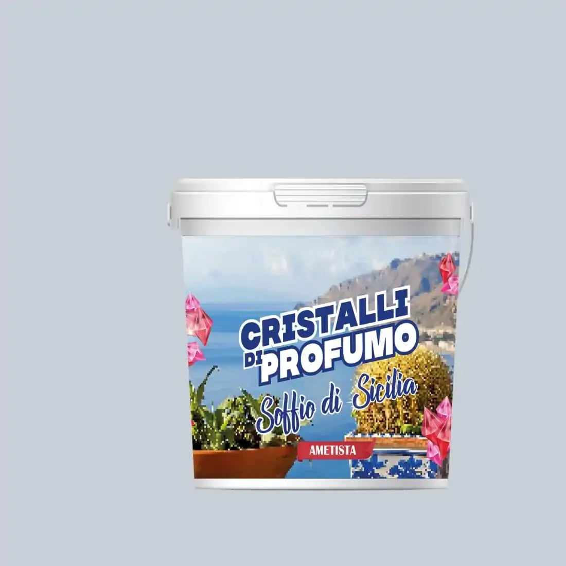 Cristale parfumate Soffio di Sicilia, ambalaj colorat, decor cu peisaj mediteranean.