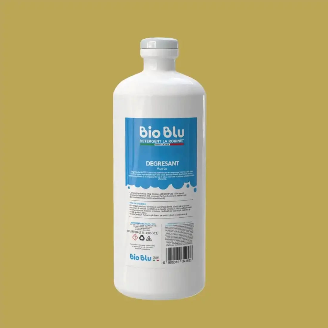 Sticlă de plastic albă cu etichetă albastră, degresant Aceto Bio Blu, 1kg.