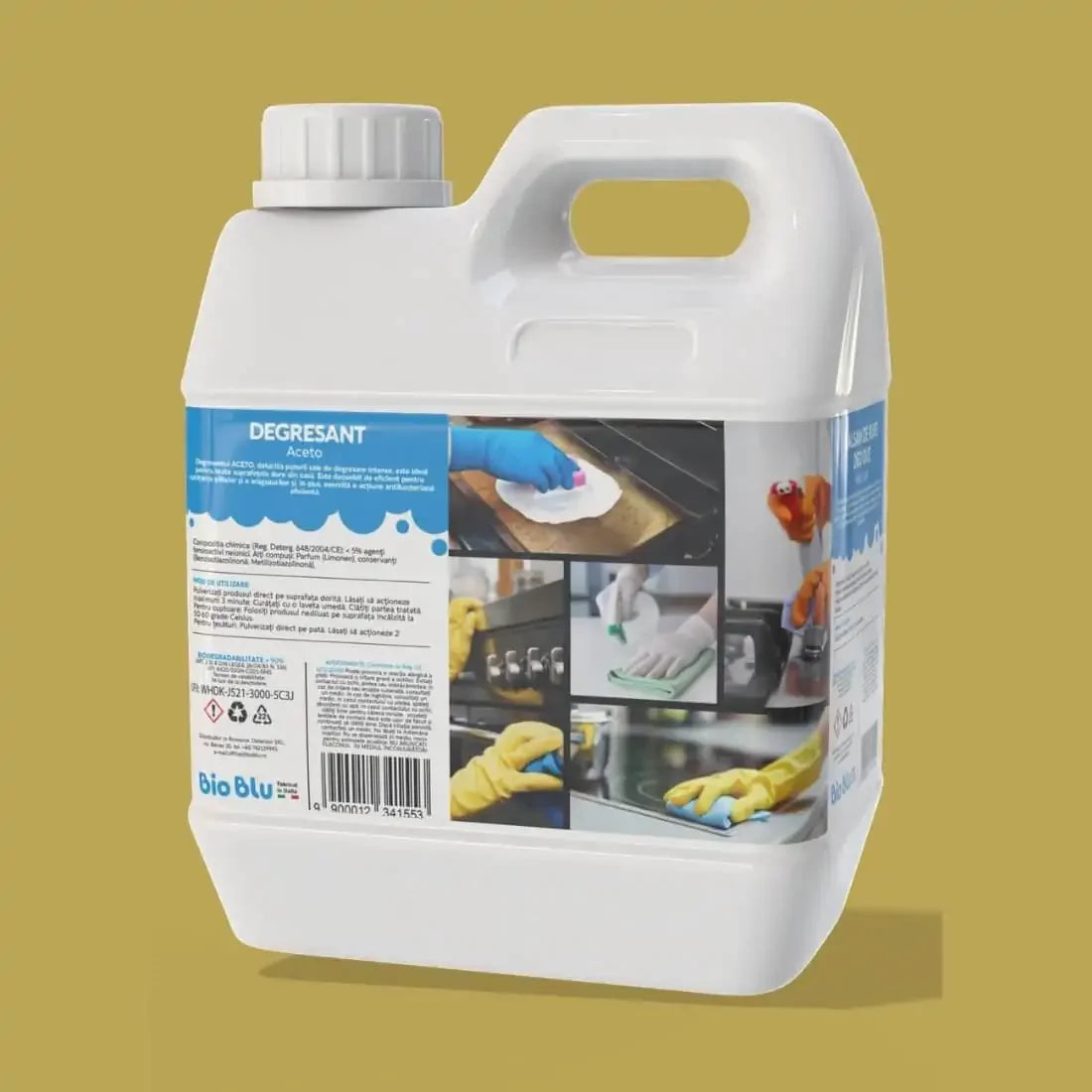 Degresant ACETO Abiterico, recipient alb, 1kg, cu ilustrații de utilizare pe etichetă.