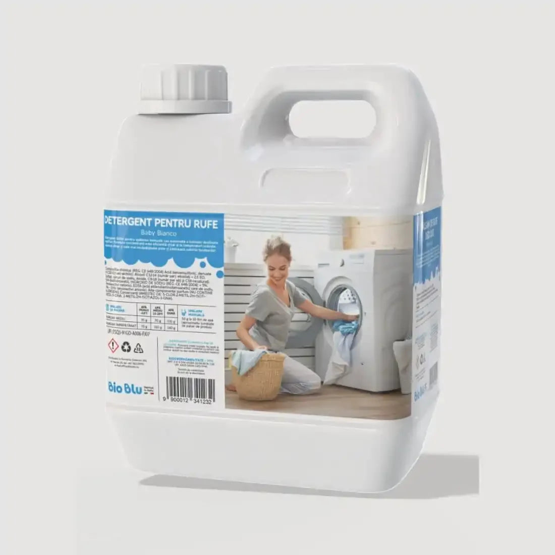 Detaliu etichetă Detergent Hipoalergenic BABY 3kg cu capac alb și design albastru.
