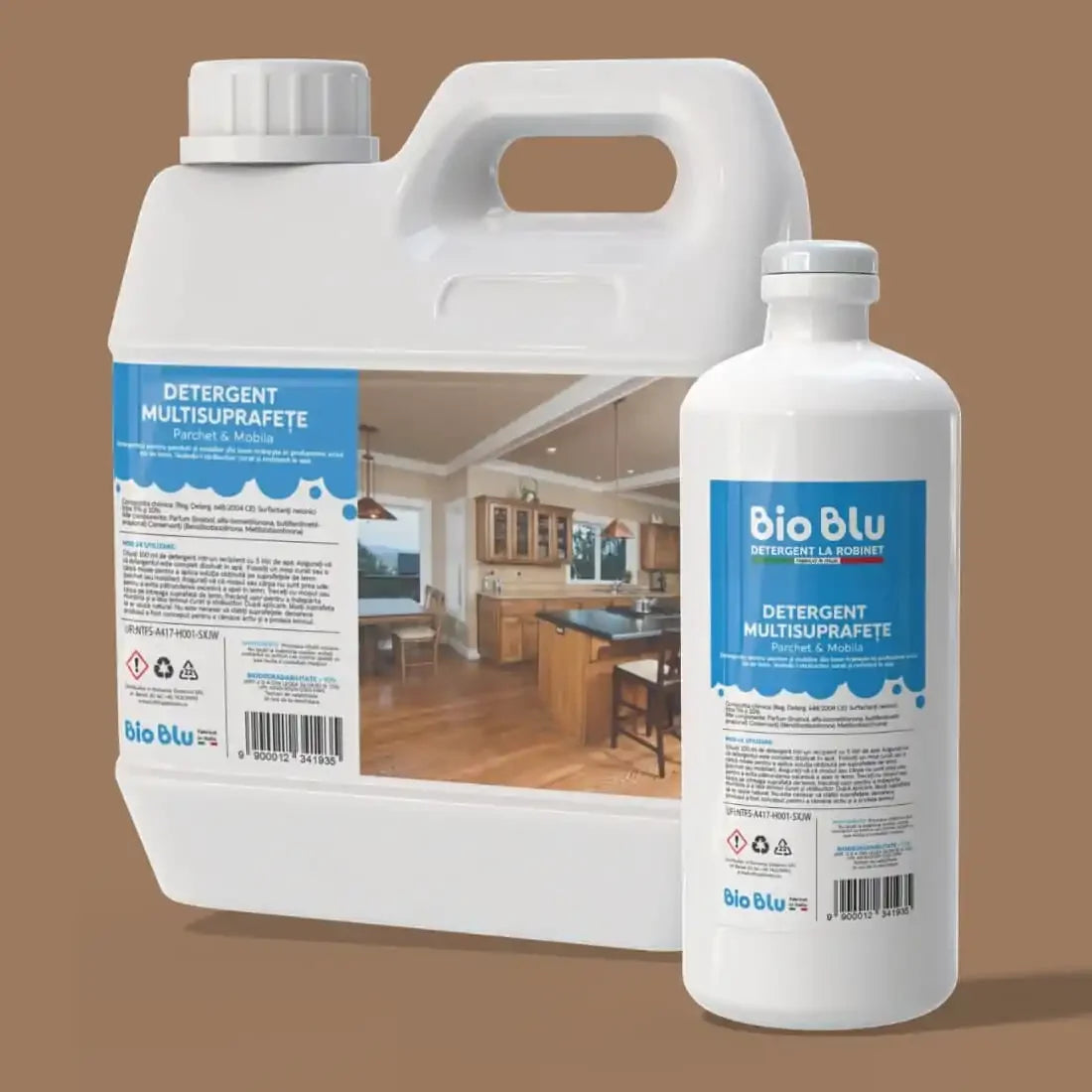 Detergent multisuprafețe parchet și mobilă Bio Blu, ambalaj alb, etichetă albastră.
