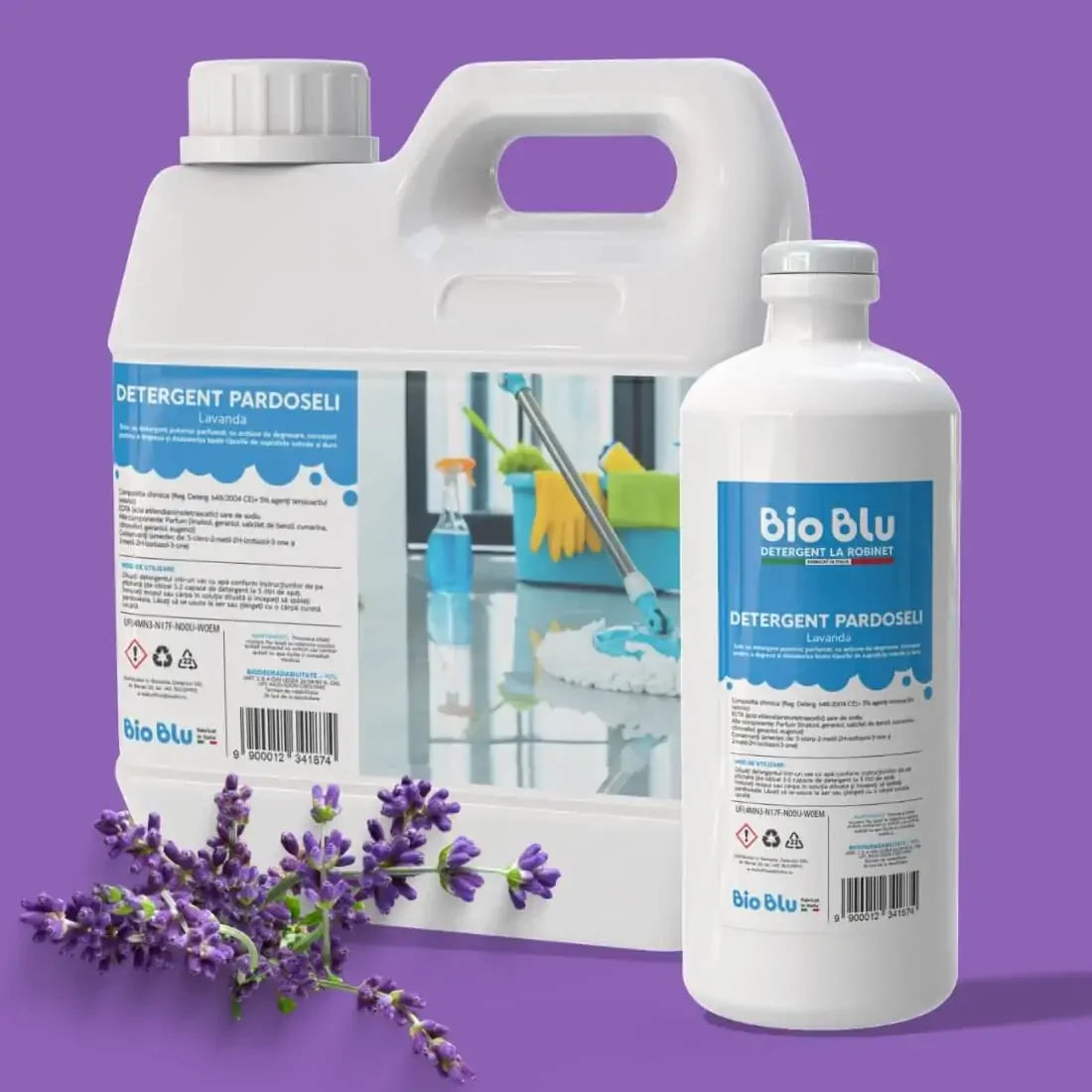 Detergent pardoseli LAVANDA, recipient alb 1kg, etichetă albastră, flori lavandă.