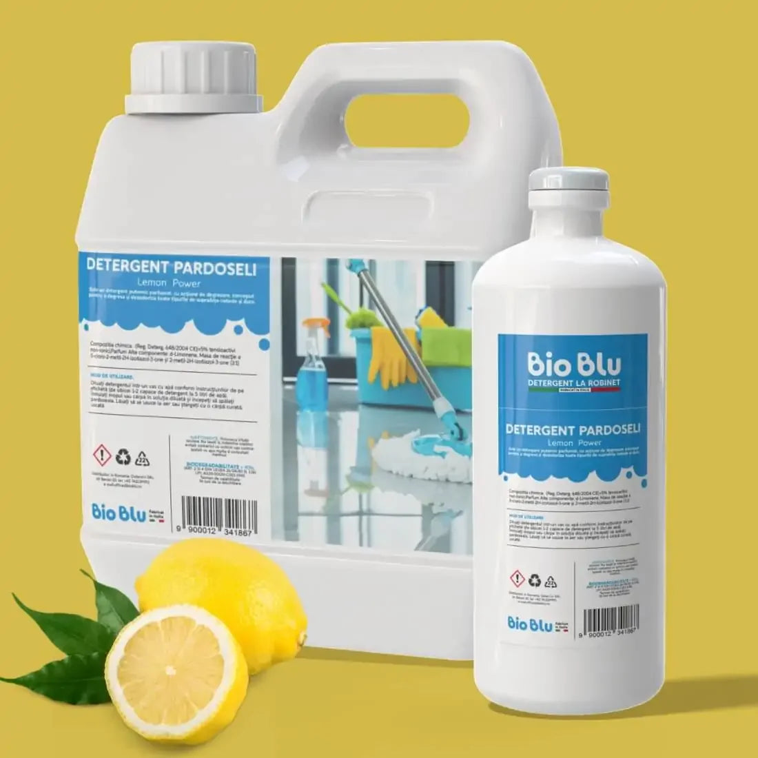 Detergent pardoseli Lemon Power, bidon alb cu etichetă albastră, lămâi proaspete.