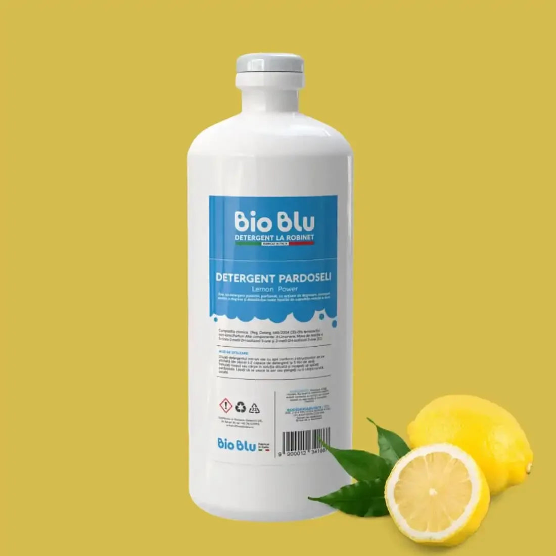 Detergent pardoseli Lemon Power, 1kg, etichetă albastră, sticlă albă, lămâi decorative.