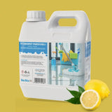 Detergent pardoseli Lemon Power, bidon alb cu capac, lămăi galbene decorative.