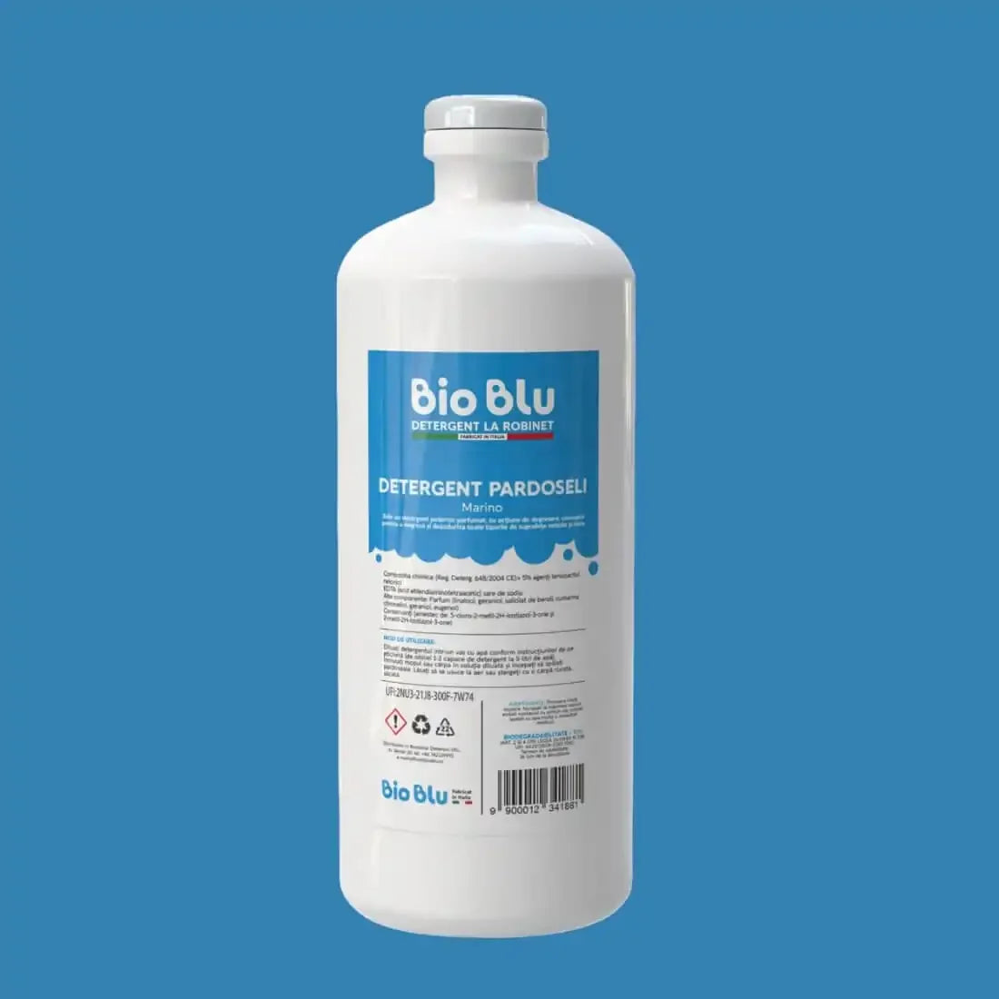 Detergent pardoseli MARINO, sticlă albă 1kg, etichetă albastră și albă cu informații produs.