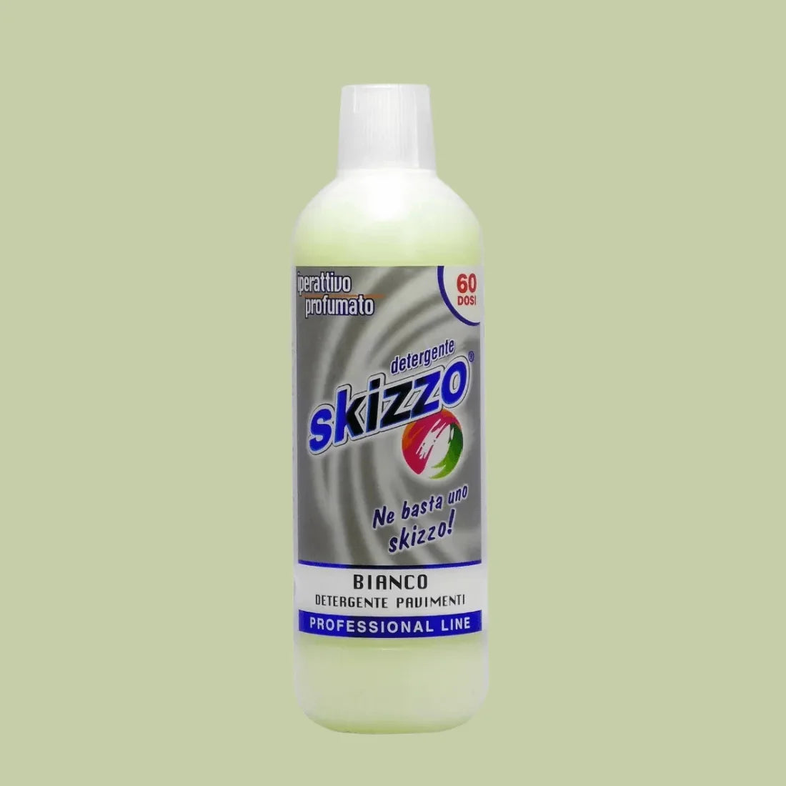 Detergent pardoseli Skizzo Bianco 1L, sticlă alb-argintie, etichetă colorată.