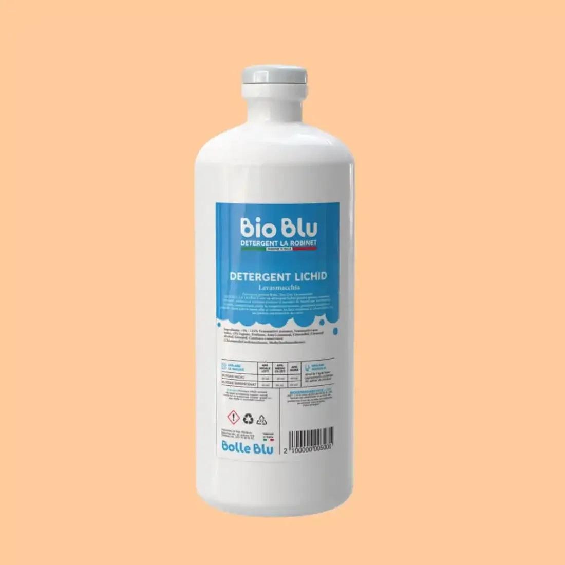 Sticlă albă 1kg detergent lichid Bio Blu Lavasmacchia cu etichetă albastră și detalii text instrucțiuni.