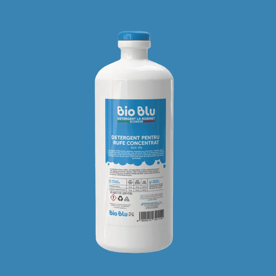 Sticlă detergent Bio Blu concentrat 1kg, etichetă albastră, capac albastru, vedere laterală.