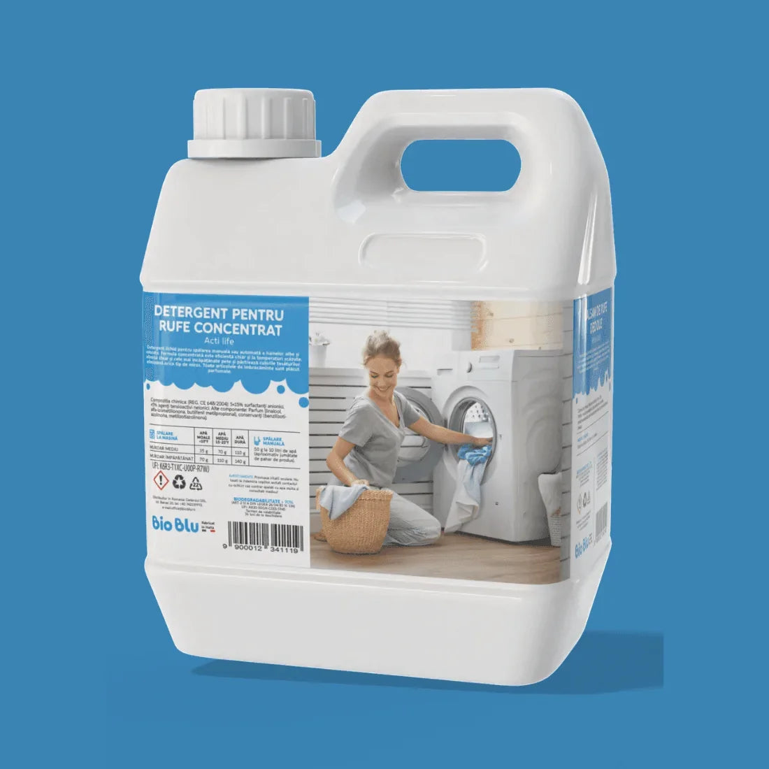 Detergent lichid ACTI LIFE cu bicarbonat, ambalaj alb cu etichetă albastră, 1kg și 3kg.