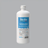 Detaliu etichetă detergent rufe Bio Blu, alb-albastru, ingredientele vizibile.