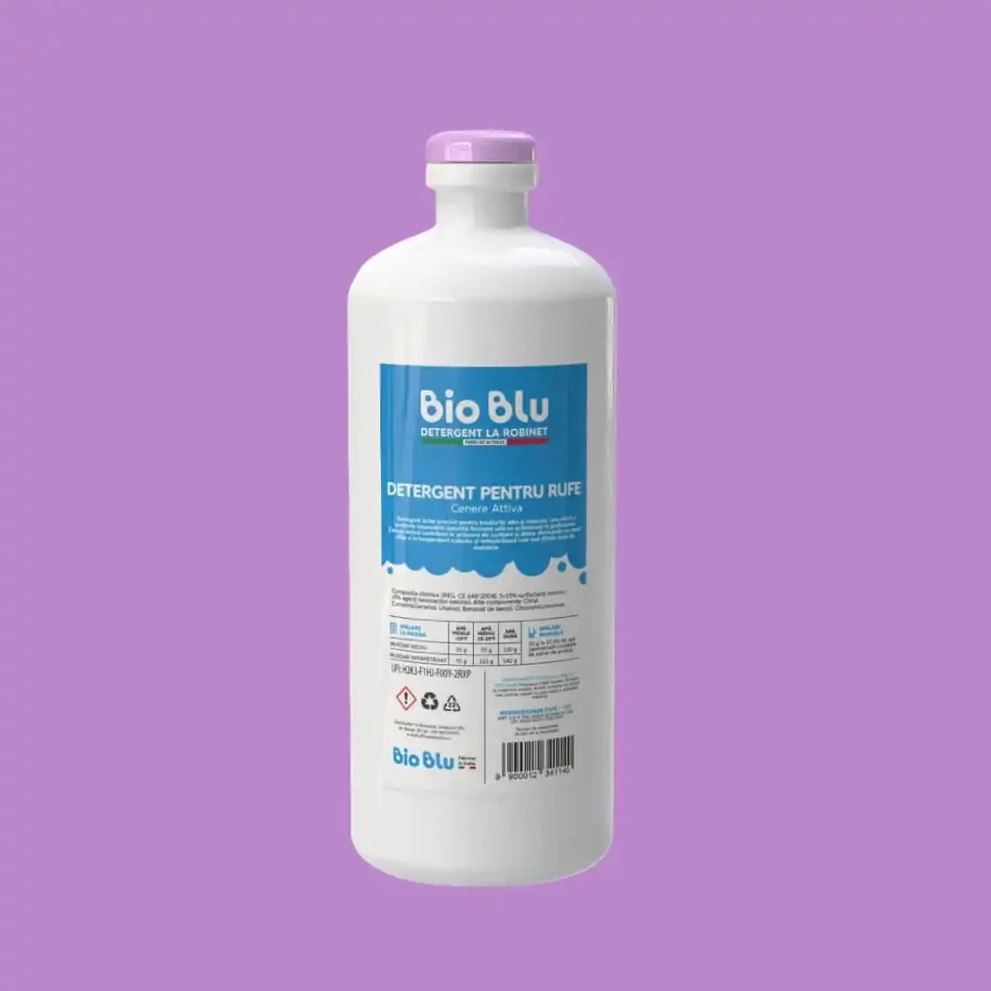 Detergent CENERE ATTIVA 1kg, etichetă albastră, sticlă albă, capac mov, fundal mov.