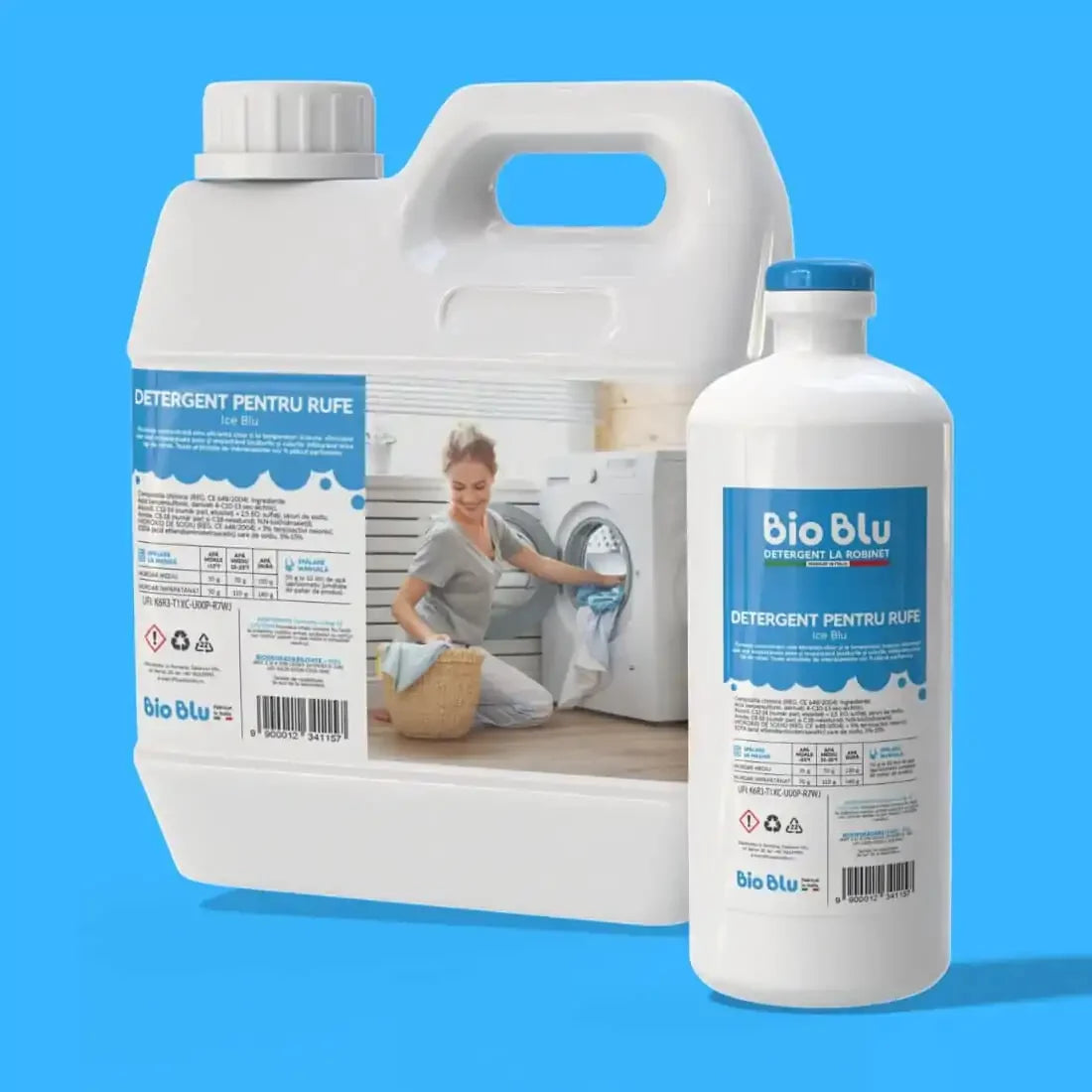 Detergent pentru rufe ICE BLU, ambalaj alb cu etichetă albastră, vedere laterală, disponibile în 1kg și 3kg.