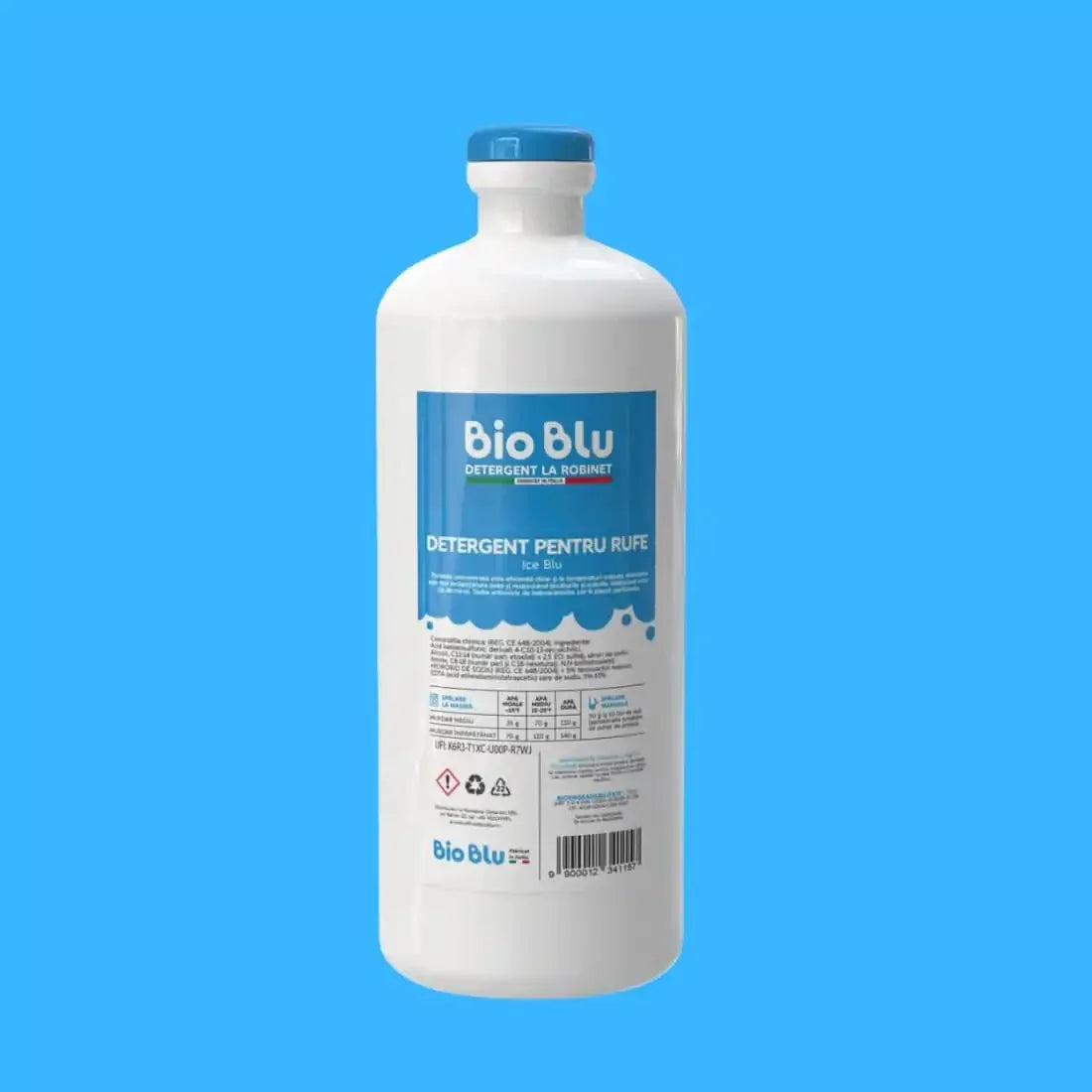 Detaliu etichetă detergent pentru rufe Ice Blu, albastru, 1kg.