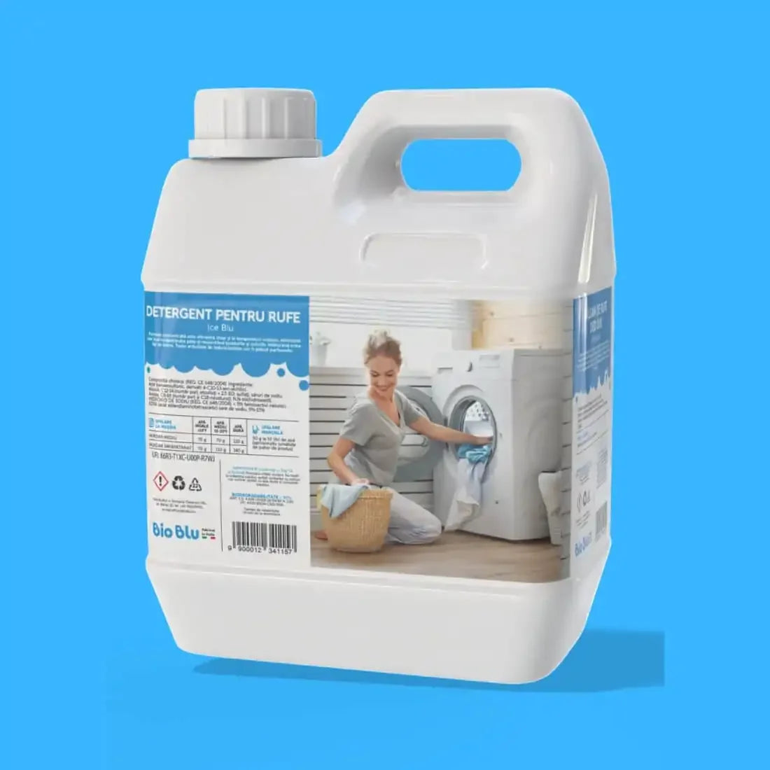 Detaliu etichetă pe recipient alb ICE BLU, 1kg, cu imagine mașină de spălat.