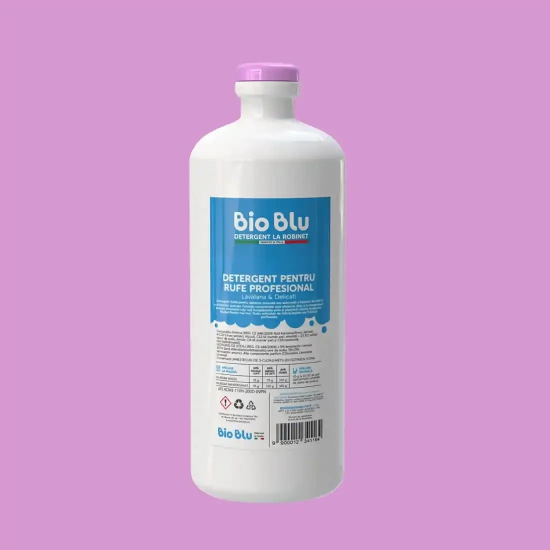 Detergent pentru rufe LAVALANA & DELICATI, flacon alb, etichetă albastră, capac roz.
