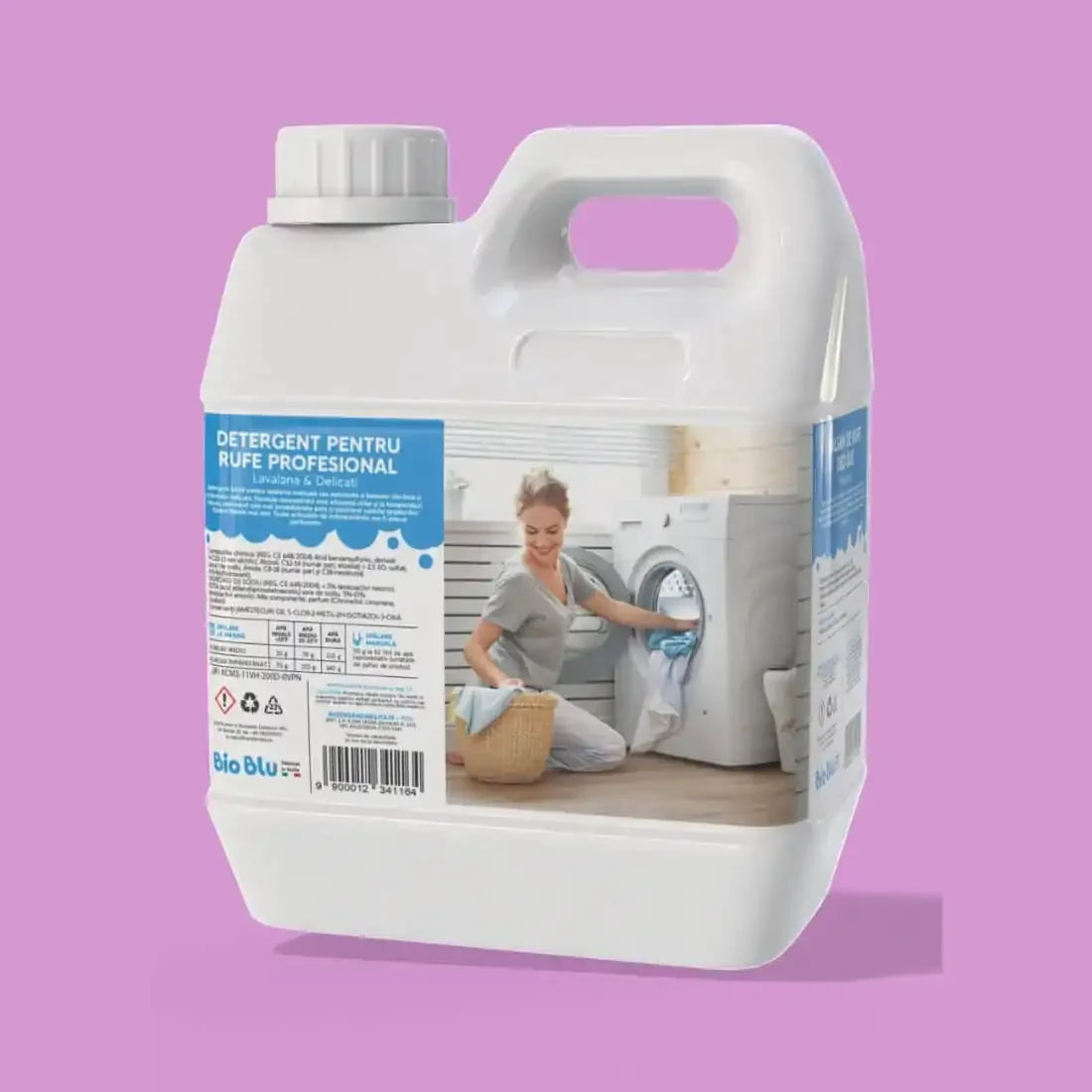Detergent pentru rufe profesionale, LAVALANA & DELICATI, volum 1kg, ambalaj alb pe fundal roz.