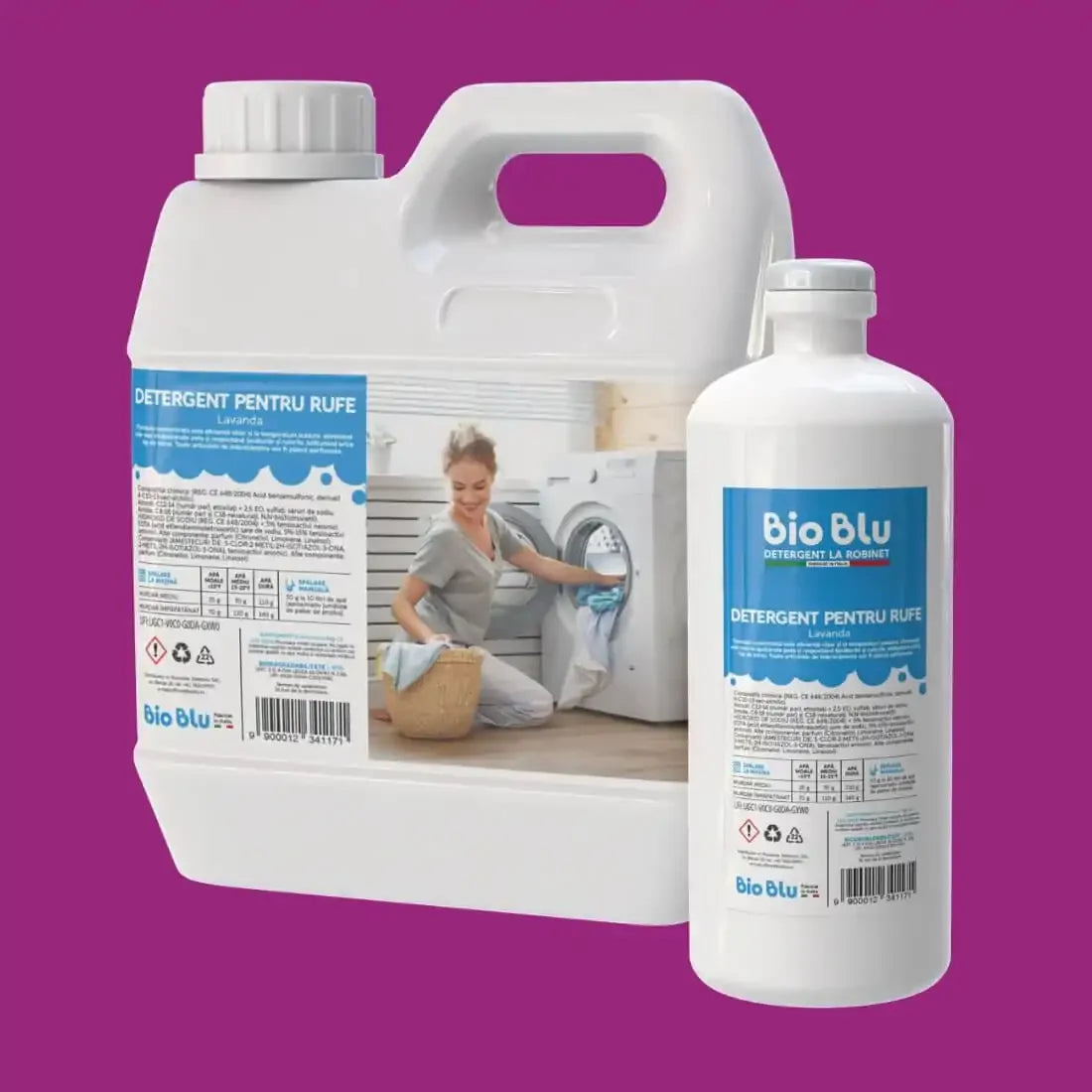 Detergent rufe LAVANDA 1kg și 3kg, ambalaje albe, etichetă albastră, vedere laterală.