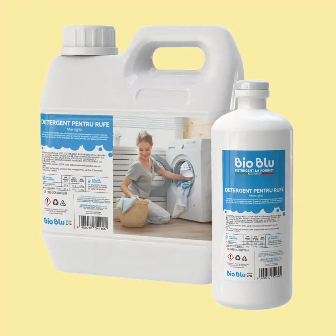 Detergent rufe MARSIGLIA Bio Blu, recipient alb, etichetă albastră, volum 1kg și 3kg, vedere laterală.