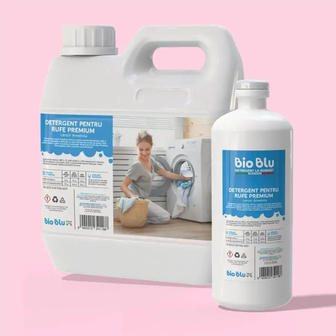 Detergent rufe MAXI BIANCO, bidon alb, etichetă albastră, capacitate variabilă, prospețime, protecție fibre.