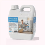 Recipient alb din plastic cu capac, etichetă albastră, detergent profesional pentru rufe, 3kg.
