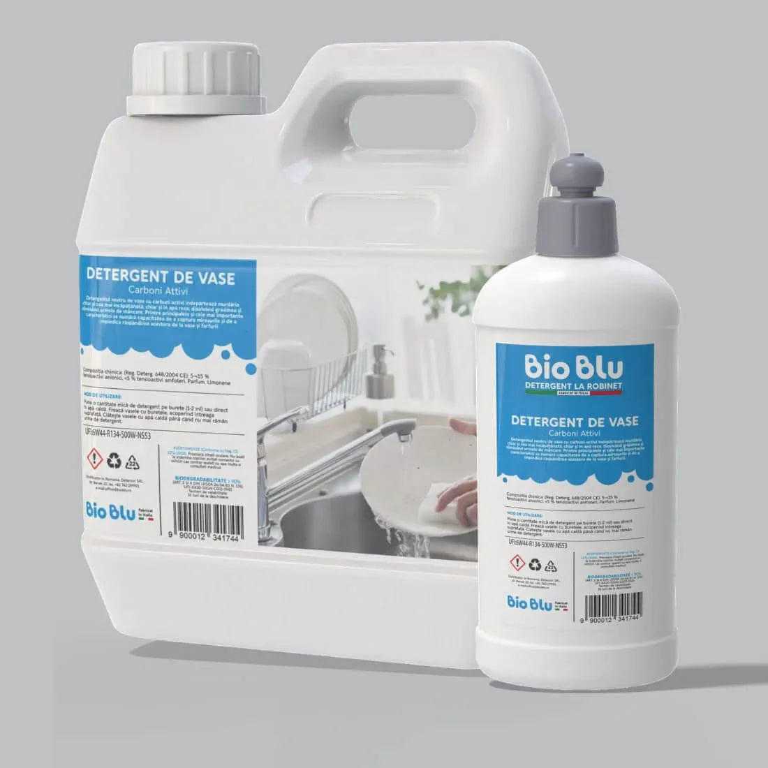 Detergent de vase CARBONI ATTIVI, sticle mari și mici albe cu etichetă albastră, volum 1kg și 3kg.